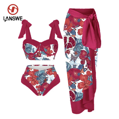 Lanswe Retro Two-Piece Swimwear Women Bikini Beach Dress Swimming Costume Wine Red Pomegranate Painting Style Summer Swimsuit