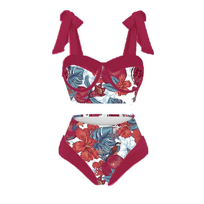 Lanswe Retro Two-Piece Swimwear Women Bikini Beach Dress Swimming Costume Wine Red Pomegranate Painting Style Summer Swimsuit