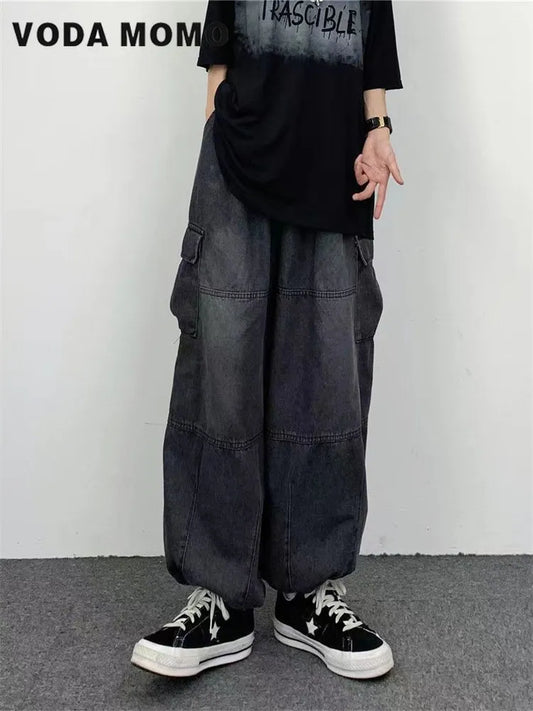 2022 Autumn Harajuku Fashion retro High Street hiphop Pants Straight Wide Leg Pants Women Casual Loose Big Pockets Cargo Jeans