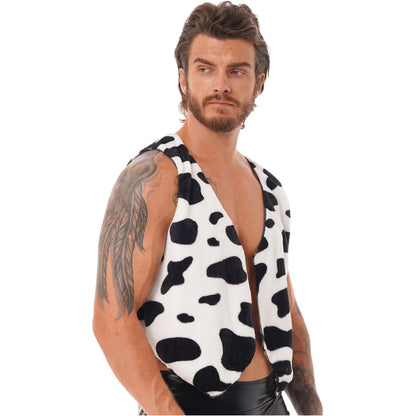 Men's Cow Print Open Front Coat Jacket Vest Halloween Festival Hippie Costume Cowboy Cardigan Cosplay Party Fancy Dress Up