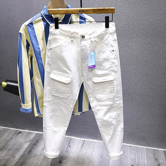2023 New Designer Men's White Patch Jeans Slim Fit Stretch Fashion Pocket Chic Streetwear Male Youth Biker Jeans Denim Trousers
