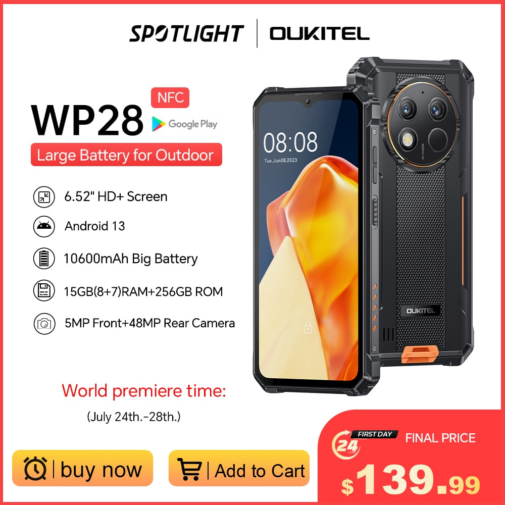 [World Premiere] Oukitel WP28 Rugged Smartphone 6.52‘' HD+ 10600mAh 8GB+256GB Android13 Mobile Phone 48MP Camera Cell Phone