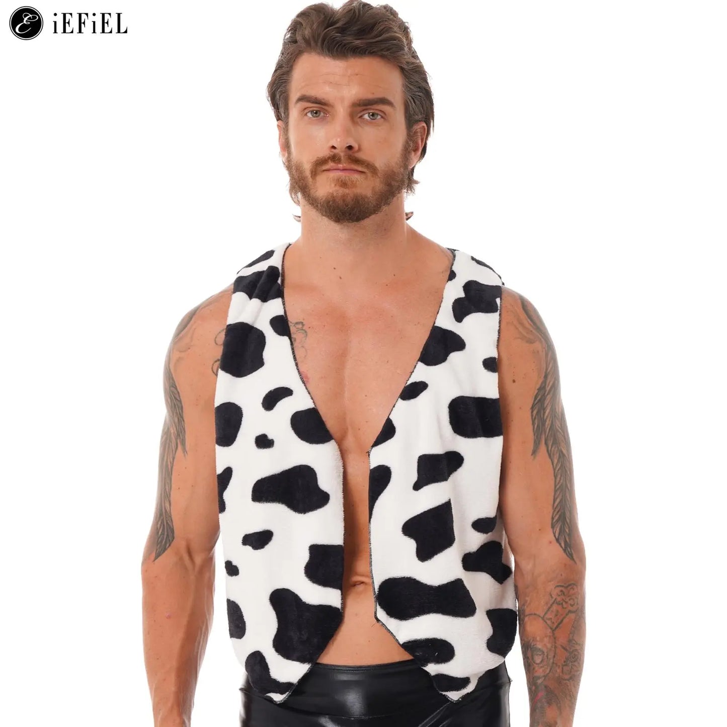 Men's Cow Print Open Front Coat Jacket Vest Halloween Festival Hippie Costume Cowboy Cardigan Cosplay Party Fancy Dress Up