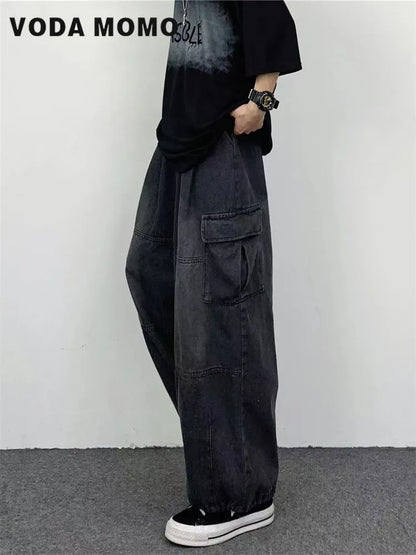 2022 Autumn Harajuku Fashion retro High Street hiphop Pants Straight Wide Leg Pants Women Casual Loose Big Pockets Cargo Jeans