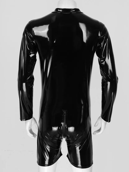 Male Latex Catsuit Wet Look Shiny Patent Leather Romper Zipper Jumpsuit Black Long Sleeve Bodysuit Underwear Club Stage Costume