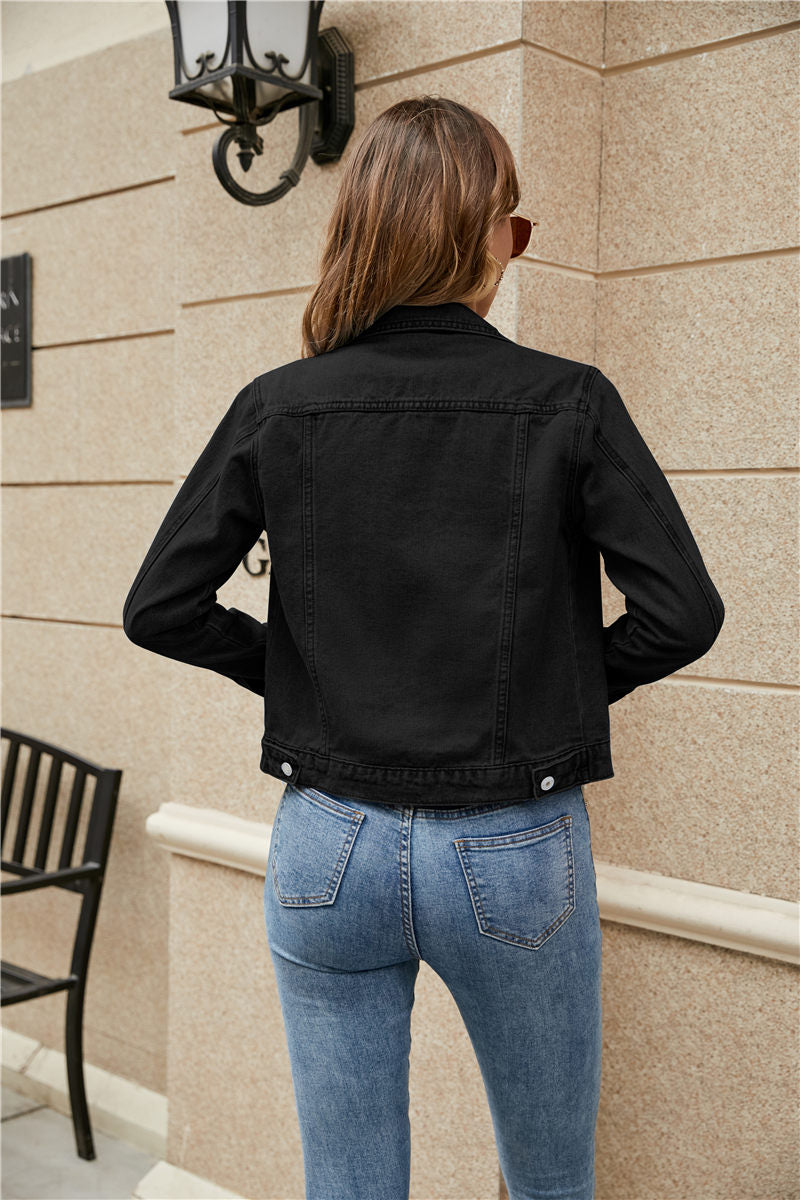 Women's Denim Jackets Fashion Female Casual Long Sleeve Lapel Solid Bu