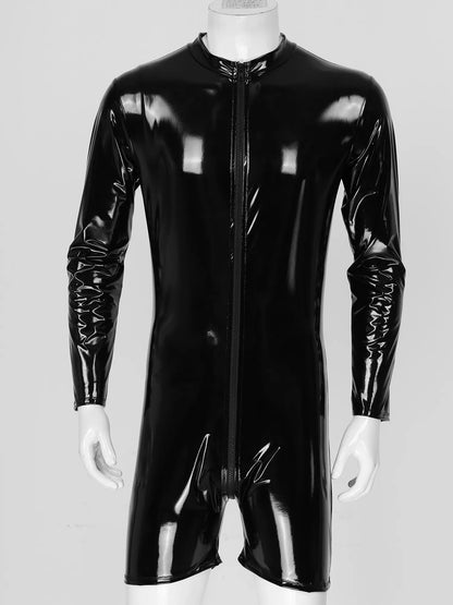 Male Latex Catsuit Wet Look Shiny Patent Leather Romper Zipper Jumpsuit Black Long Sleeve Bodysuit Underwear Club Stage Costume