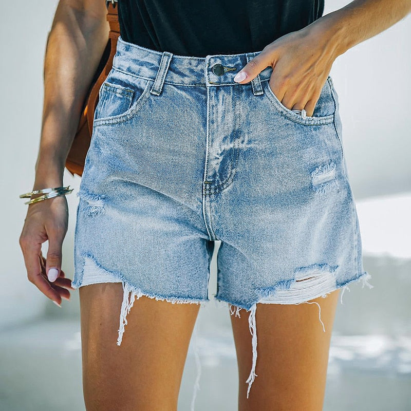 High Waisted Ripped Blue Shorts