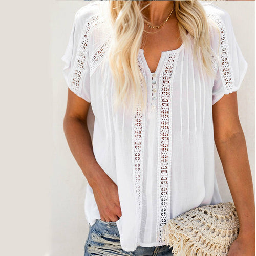 Hollow Out Blouse Short Sleeve Loose White Blouse