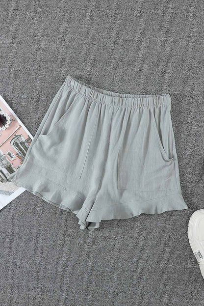 Summer Gray Blue Pocketed Flutter Linen Cotton Shorts