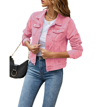 Women's Denim Jackets Fashion Female Casual Long Sleeve Lapel Solid Bu