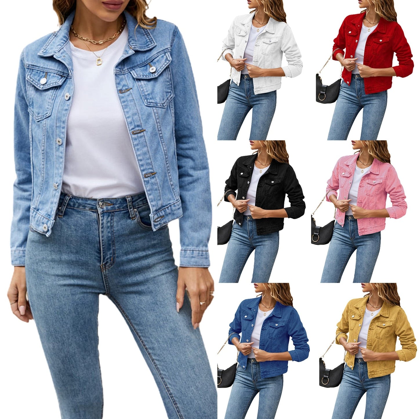 Women's Denim Jackets Fashion Female Casual Long Sleeve Lapel Solid Bu