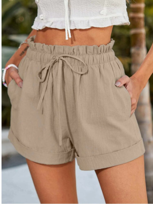 Lace Up Elastic Waist Solid Color Pocket  Short Pants