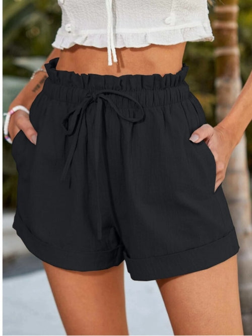 Lace Up Elastic Waist Solid Color Pocket  Short Pants