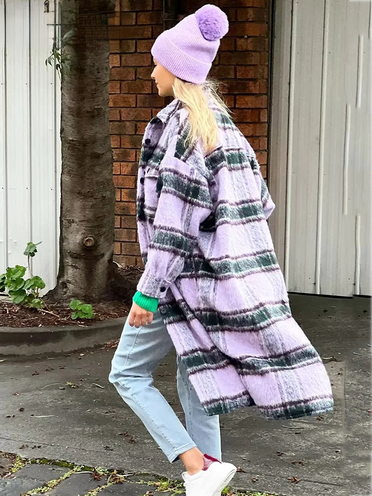 Purple Plaid Fluffy Autumn Winter Pockets Side Slit Long Coat Jacket