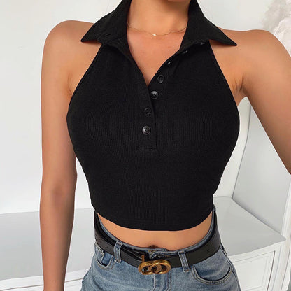 New Solid Lapel Vest Cropped Navel Backless Top