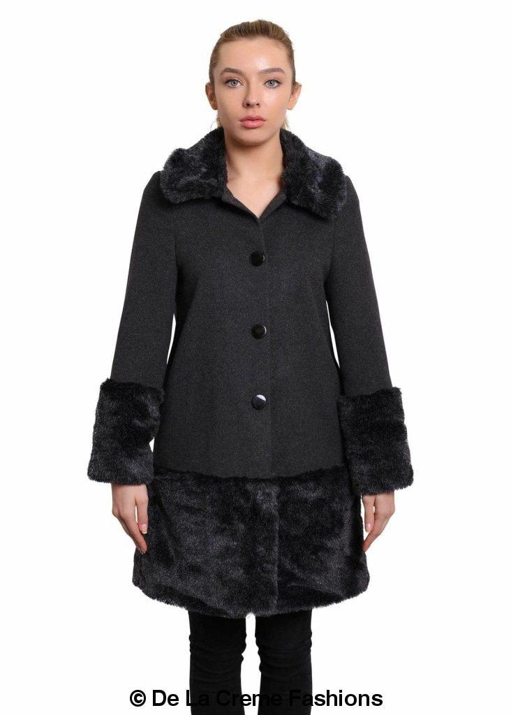 De La Creme - Womens Faux Fur Trim Wool Mix Coat