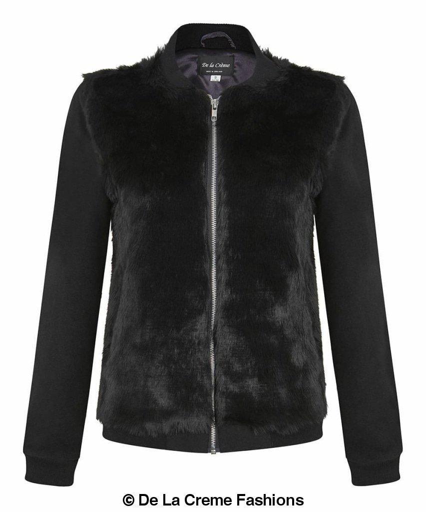 De La Creme - Womens Faux Fur Zip-Thru Varsity Bomber Jacket