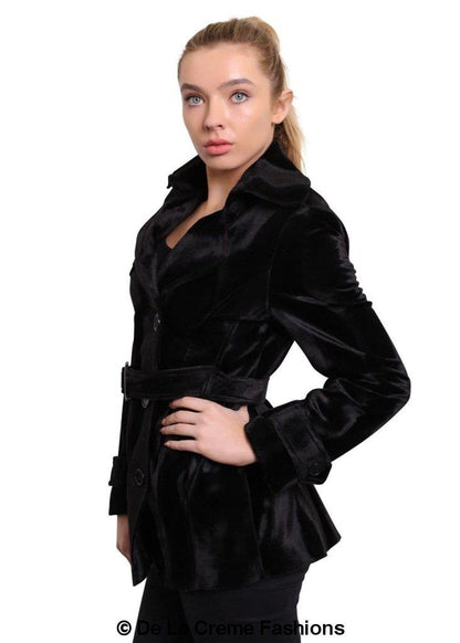 De La Creme - Women's Luxury Black Ponyskin Double Breasted Short Coat