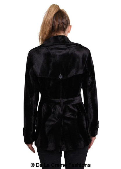 De La Creme - Women's Luxury Black Ponyskin Double Breasted Short Coat