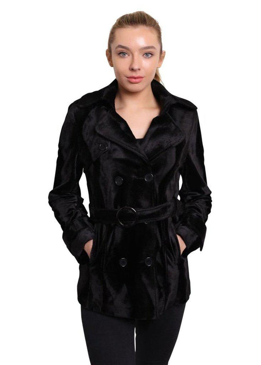 De La Creme - Women's Luxury Black Ponyskin Double Breasted Short Coat