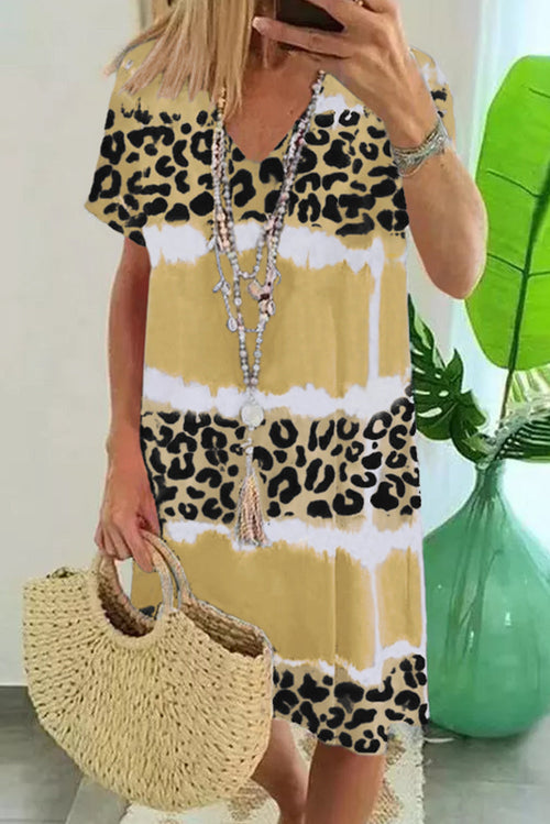 Yellow Leopard Color Block V-Neck T-shirt Dress