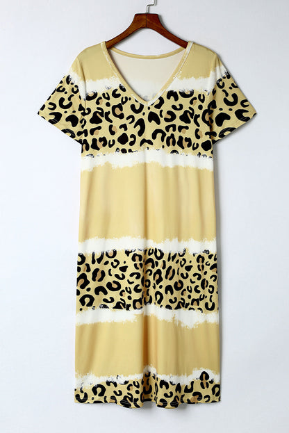 Yellow Leopard Color Block V-Neck T-shirt Dress