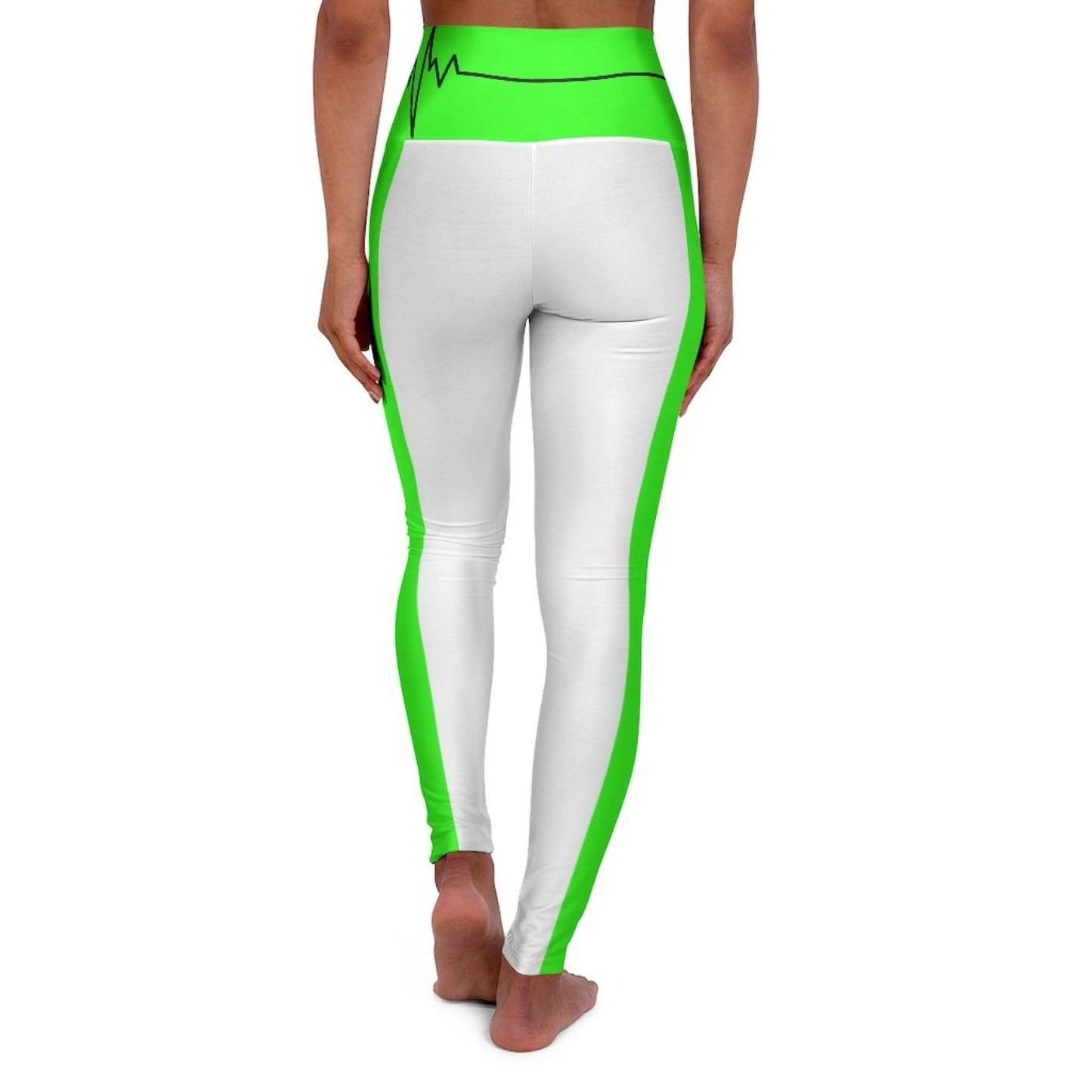 High Waisted Yoga Leggings, White And Neon Green Black Bordered