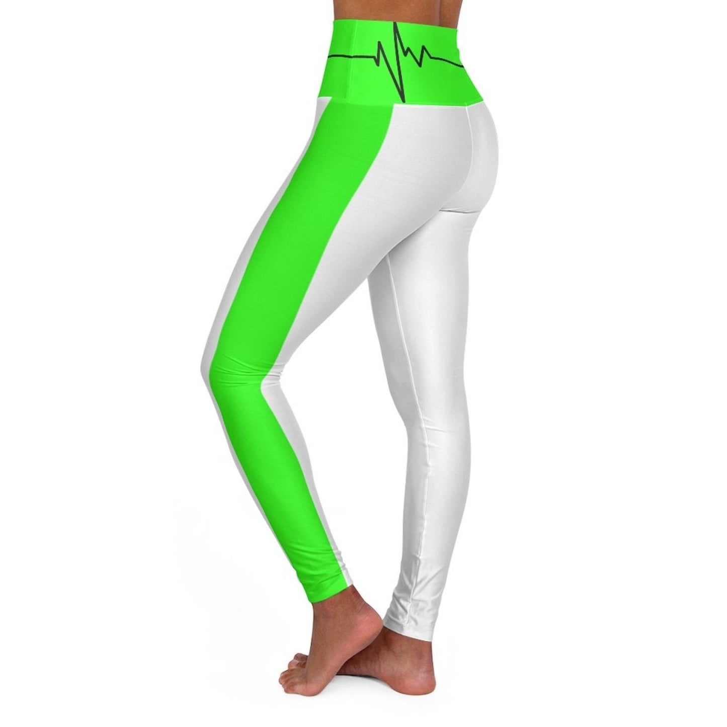 High Waisted Yoga Leggings, White And Neon Green Black Bordered