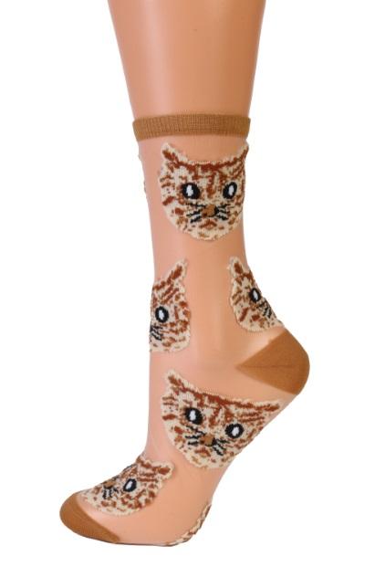 MOONA light brown sheer socks with cats