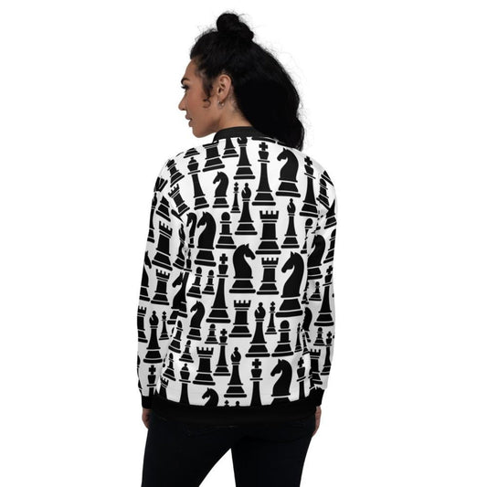 Uniquely You Womens Jacket - Black And White Chess Style Bomber Jacket