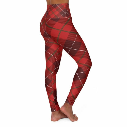 Womens Leggings, Red Plaid Style High Waisted Fitness Pants