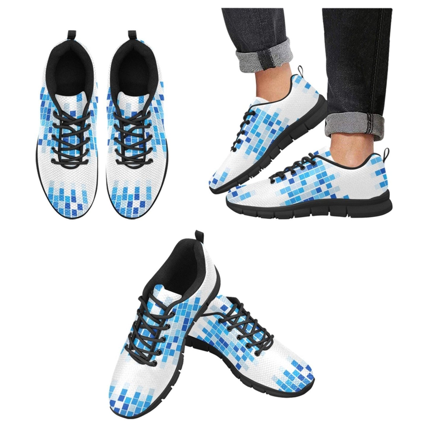 Uniquely You Sneakers for Women, Blue and White Mosaic Print - Running