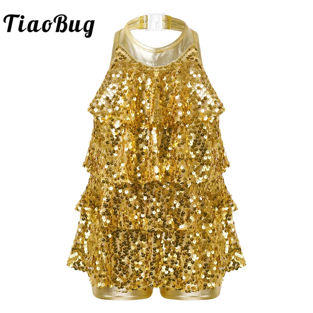 Kids Halter Shiny Sequins Gymnastics Shorty Unitards Dress Girls Ballet Leotard Stage Performance Latin Jazz Dance Costume