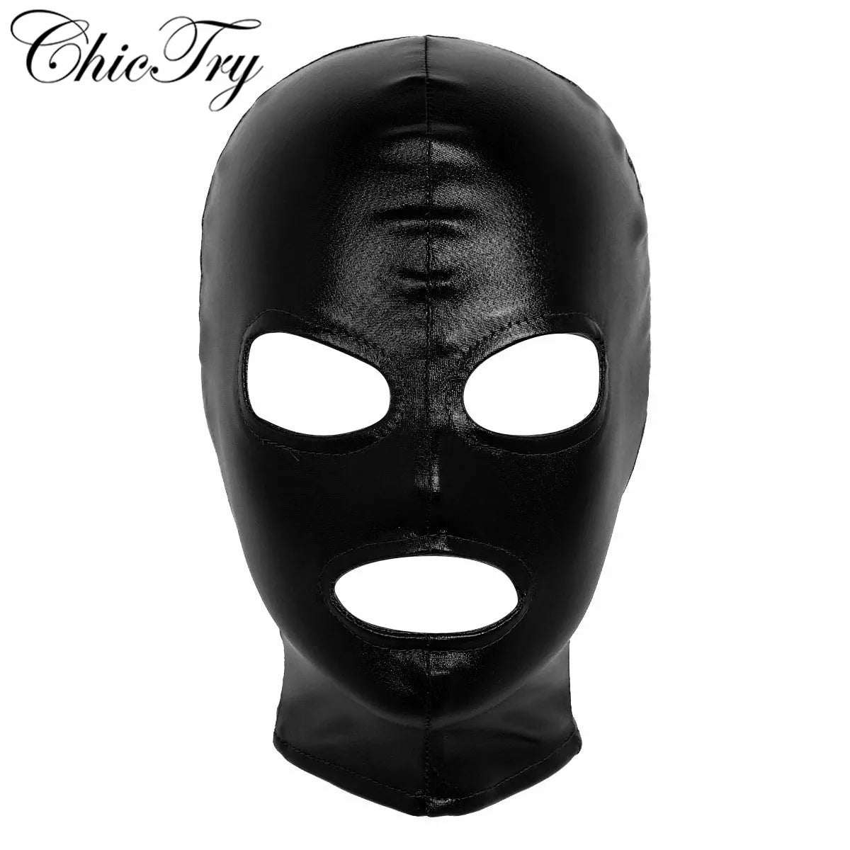 Unisex Women Mens Cosplay Face Mask Latex Shiny Metallic Open Eyes and Mouth Headgear Full Face Mask Hood for Role Play Costume