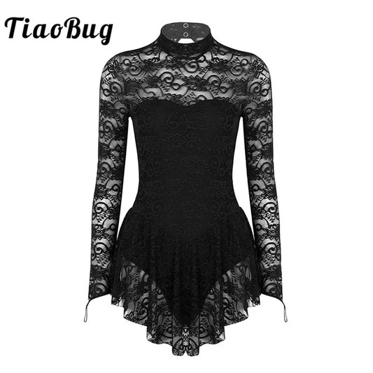 TiaoBug Adult Mock Neck Long Sleeve Ballet Gymnastics Leotard Figure Ice Skating Dress Competition Dance Costume