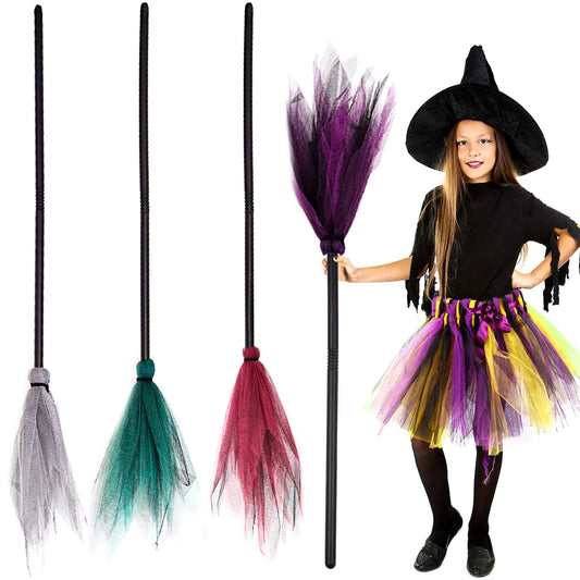 Halloween Party Witch Broom Plastic Witch Broomstick Kids Broom Props Witch Hat for Halloween Cosplay Costume Party Decorations