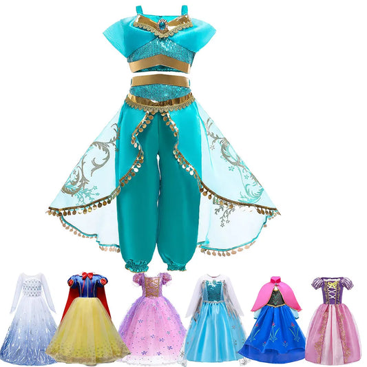 Girls 3T- 10T  Jasmine Princess Dress Children Elsa Anna Bella Rapunzel Mermaid Costume Kids Snow White Cinderella Aurora Dress