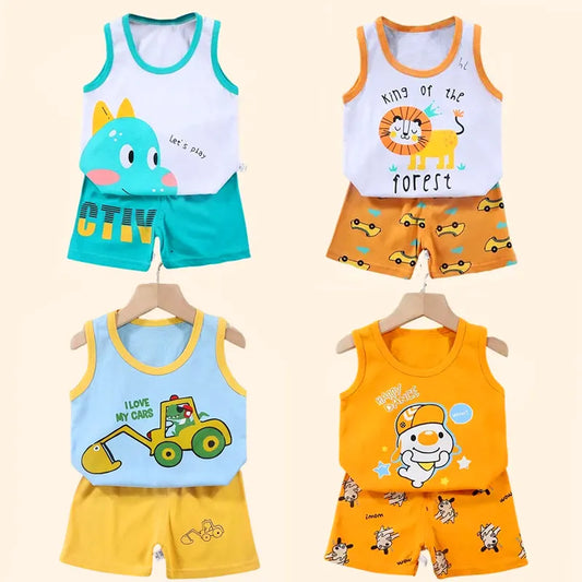 2PCS Children Clothing 9 Months to 6 Toddler size Vest Suit Children's Sets Summer Cotton T-Shirts Shorts Boys Girls Sleeveless Kids Clothes for baby